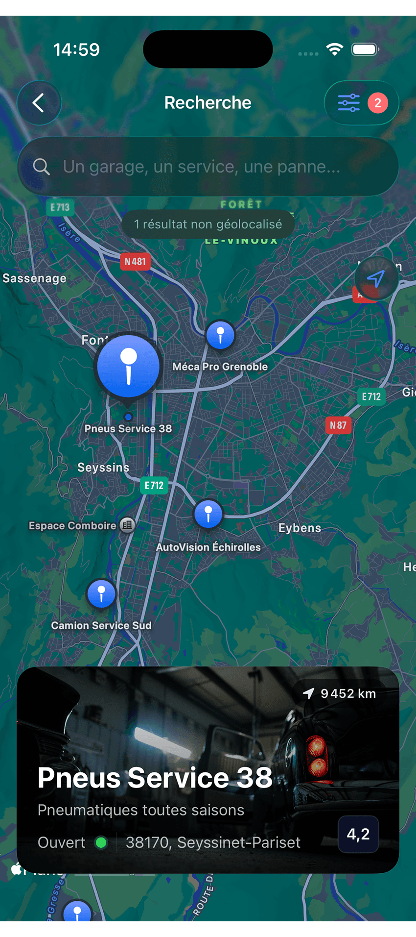 Écran de recherche de garages Mavago